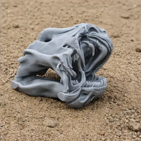 Gray 3D-printed Chuanjiesaurus skull replica resting on textured sand.