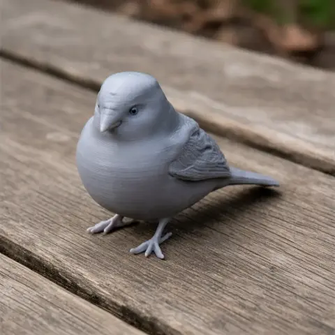 Gray 3D-printed model of a bird, resembling an Ankober serin, on a wooden surface.