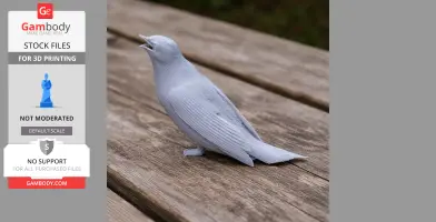 3D model of a prehistoric bird, Annam Prinia, on a wooden surface for 3D printing.
