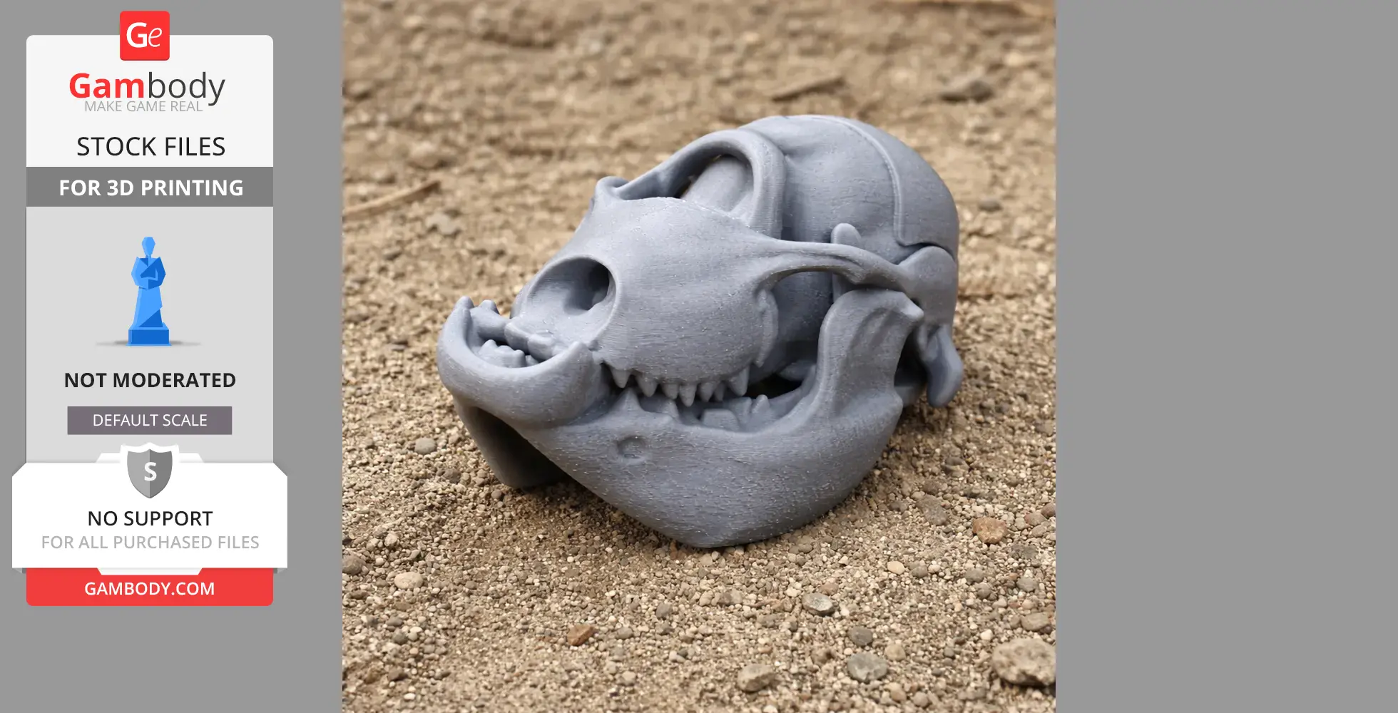 A detailed 3D-printed skull replica with prominent teeth on a textured surface.