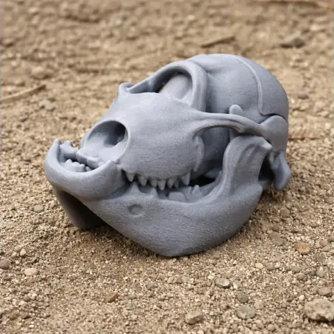A detailed 3D-printed skull replica on a gravel surface.