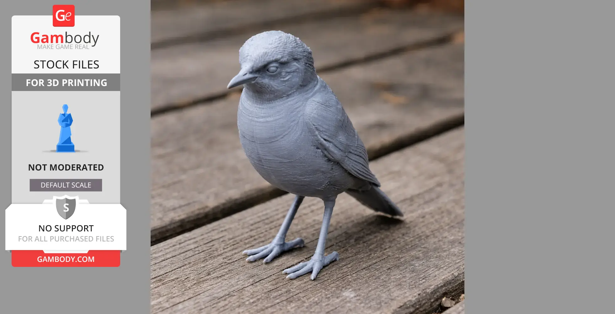 A detailed 3D printed model of a small bird with intricate feather textures, placed on a wooden surface.