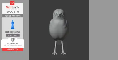 Gray 3D model of a small bird with detailed facial features, standing upright.