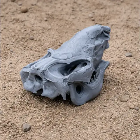 3D-printed Coelodonta skull replica on sandy ground.
