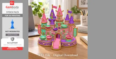 Colorful princess castle organizer with turrets, flags, and compartments, designed for 3D printing.