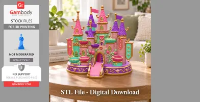 Colorful princess castle organizer with pink, purple towers, and decorative elements on a table.