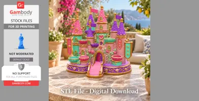 Colorful princess castle organizer with towers, flags, and heart decorations for 3D printing.