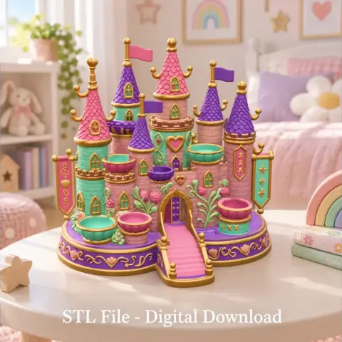 Colorful princess castle organizer with towers and flags, designed for 3D printing.