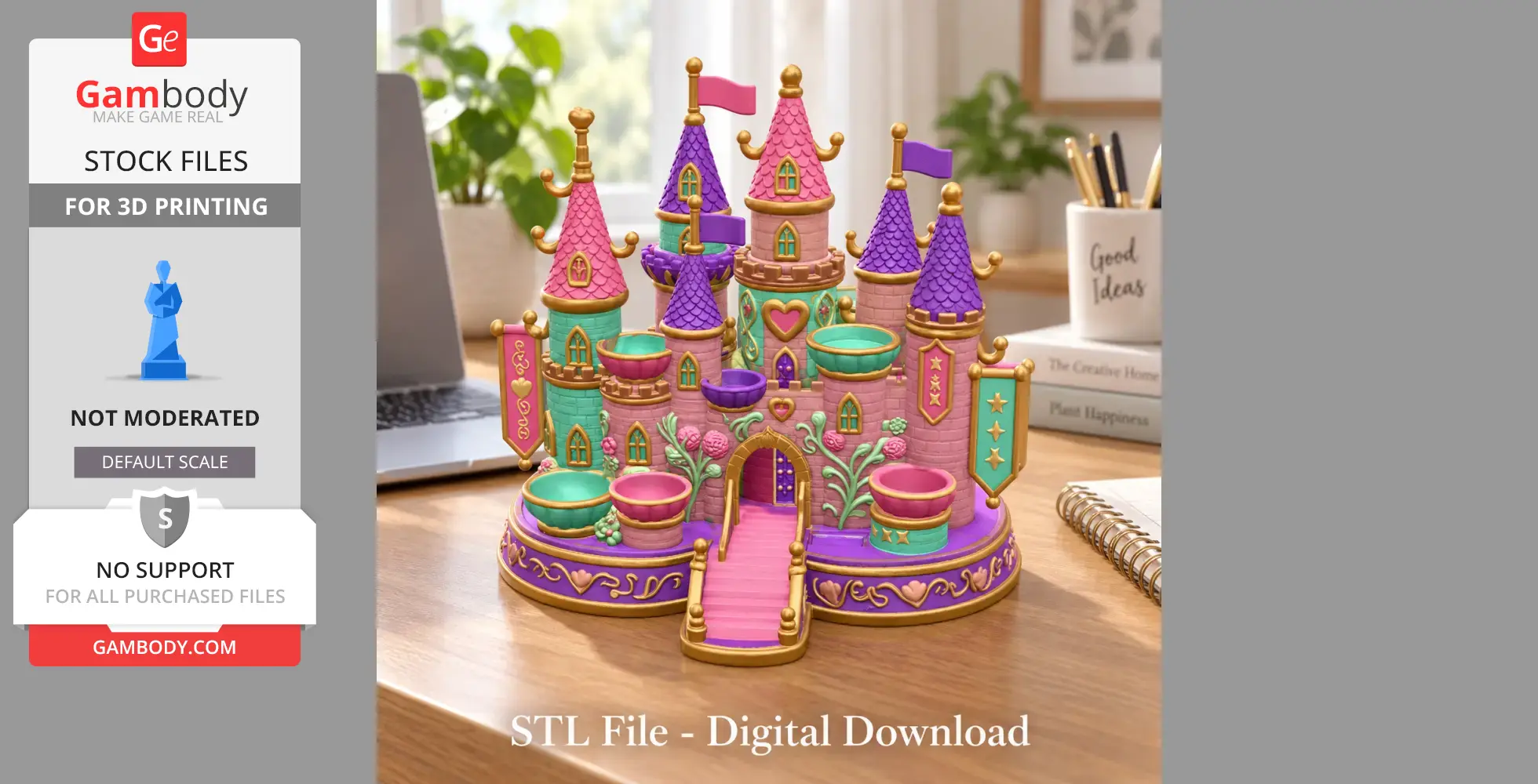 Colorful princess castle organizer with turrets, flags, and compartments, designed for 3D printing.