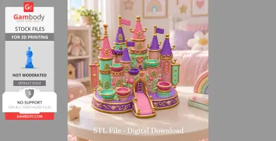 Colorful princess castle organizer with towers and flags, sitting on a table in a pastel-themed room.