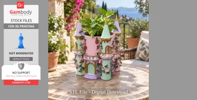 A colorful castle-shaped planter adorned with roses, holding green foliage.
