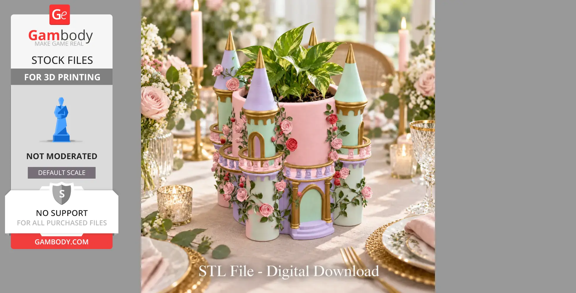 Colorful castle-shaped planter with towers and roses, holding a green plant. Luxurious table setting.