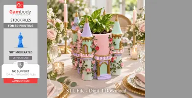 Colorful castle-shaped planter with towers and roses, holding a green plant. Luxurious table setting.