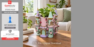 A whimsical planter shaped like a colorful castle with towers and rose details, housing a green plant.
