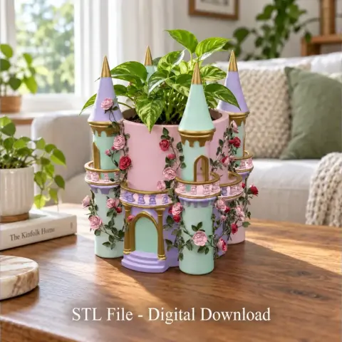 Whimsical castle planter with towers and rose details, holding a green plant, placed on a wooden table.