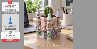 Colorful castle-shaped planter with floral details, holding a cactus, placed on a desk.