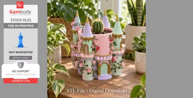 A whimsical castle-shaped planter, adorned with roses, holding a cactus, surrounded by green plants.
