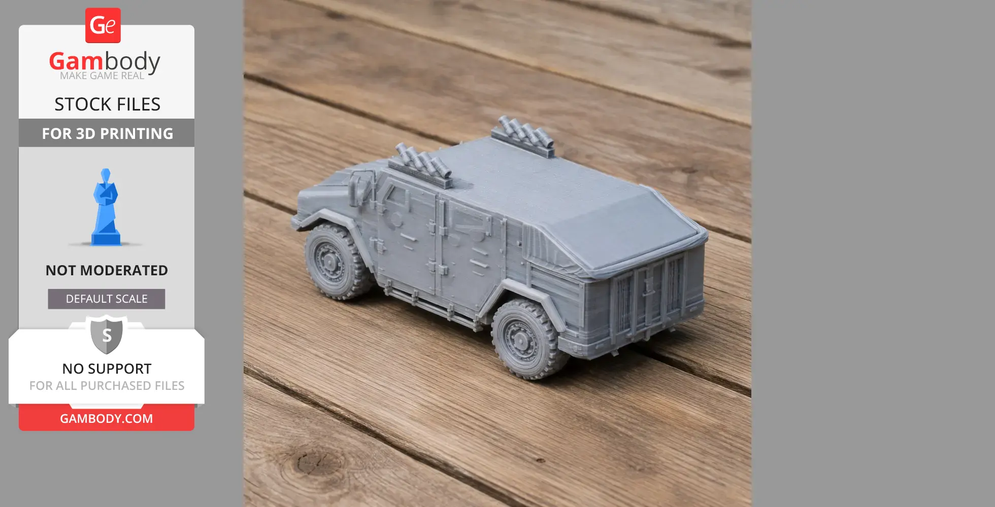 Gray 3D-printed Avibras AV-VB4 RE Guara tank model on a wooden surface.