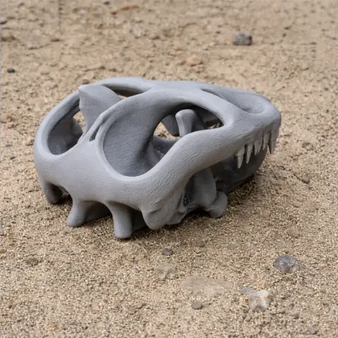 A gray, 3D-printed dinosaur skull model rests on sandy terrain.