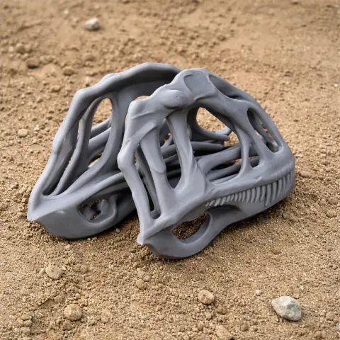 3D printed Concavenator skull replica resting on sandy ground.