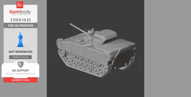 3D model of a detailed tank with tracks and a cannon for 3D printing.
