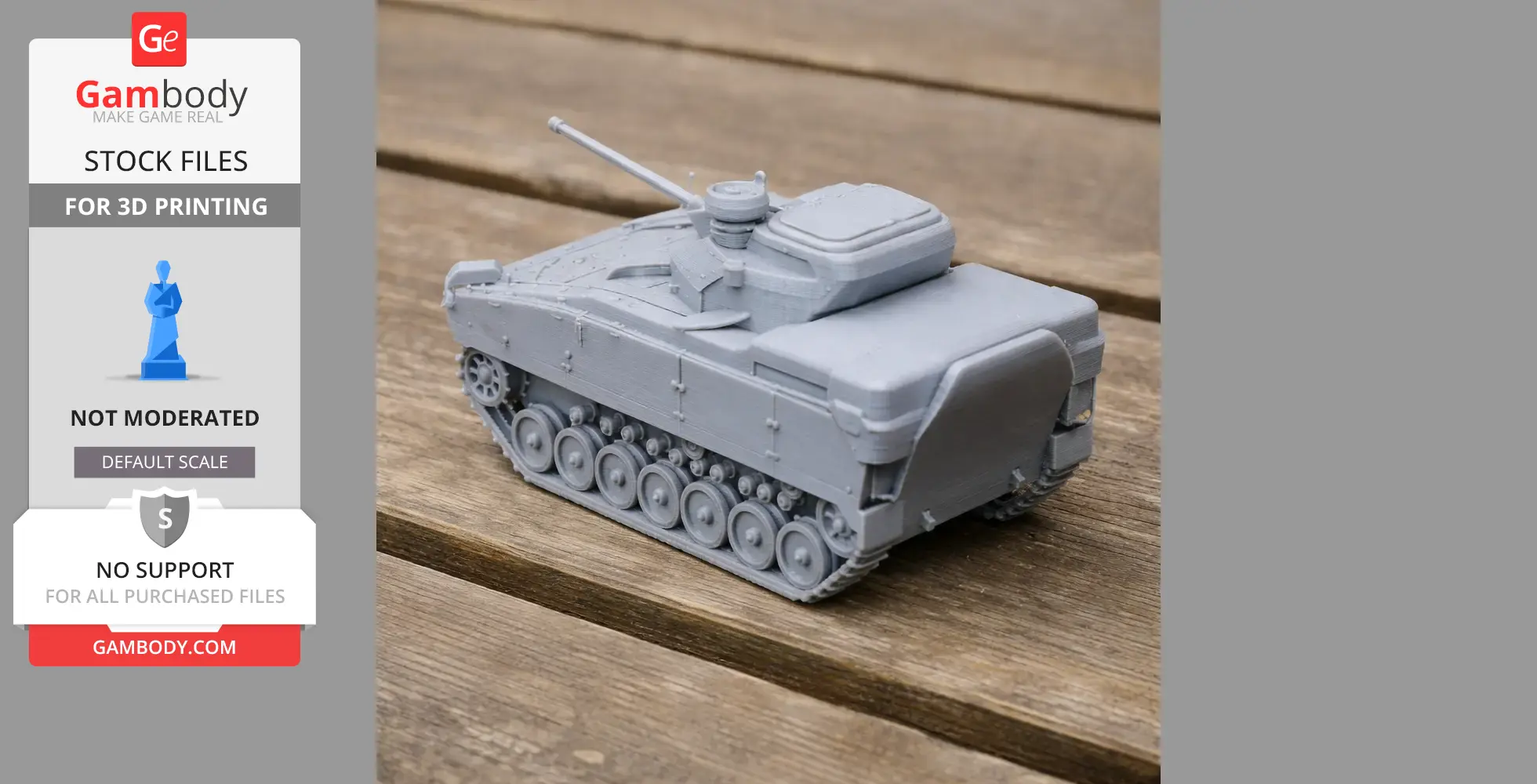Gray 3D-printed tank model on a wooden surface, showcasing detailed wheels and turret.