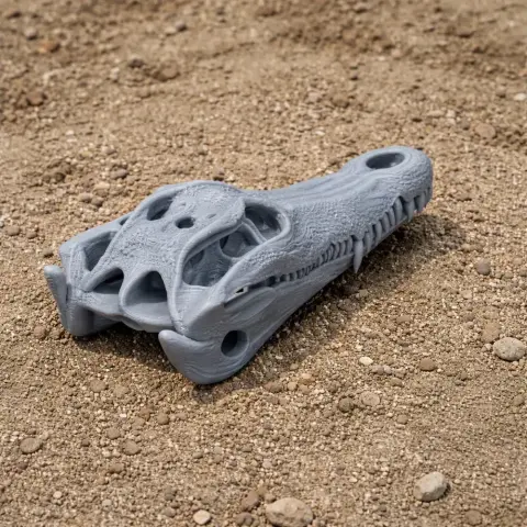 A detailed 3D-printed crocodile skull replica lying on a textured dirt surface.