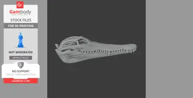 3D model of a crocodile skull, showing elongated snout and visible teeth, for 3D printing.