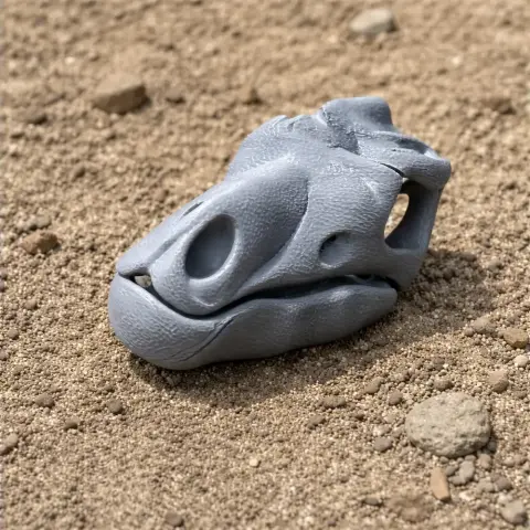 Gray 3D-printed Cryptodraco skull replica resting on sandy terrain.