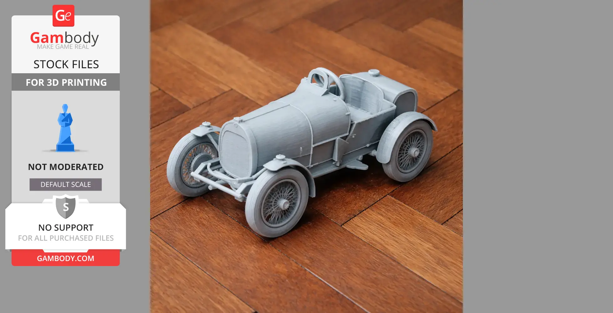 A detailed 3D printed model of a Bugatti Type 13 car on a wooden surface.