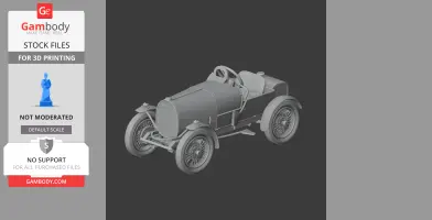 3D model of a classic Bugatti Type 13 car for 3D printing, showcasing detailed wheels and body design.