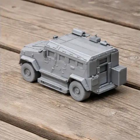 Gray, detailed 3D-printed model of an armored tank vehicle on a wooden surface.