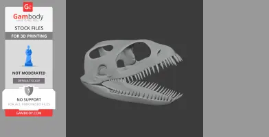 3D model of a dinosaur skull with sharp teeth and open jaw, designed for 3D printing.