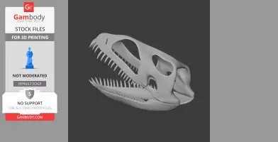 3D model of a dinosaur skull with sharp teeth, side view, suitable for 3D printing.