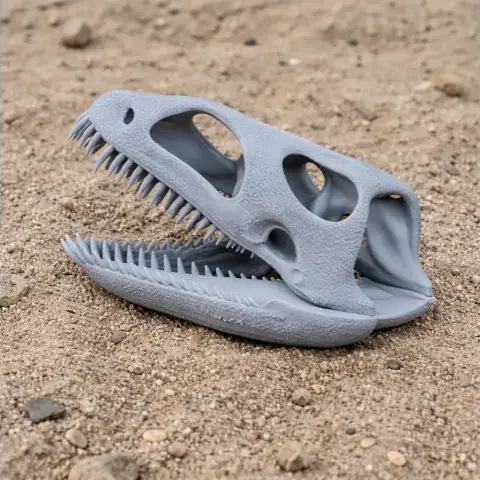 Gray Cryptosaurus skull replica with sharp teeth, set on a sandy surface.