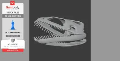 3D model of a dinosaur-like skull with sharp teeth, side view, for 3D printing.