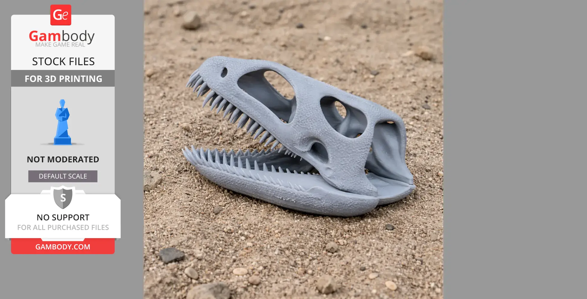 3D-printed Cryptosaurus skull replica with sharp teeth, resting on sandy ground.