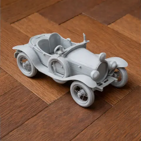 3D printed model of a vintage Bugatti Type 18 car, detailed with open seats and classic wheels.