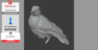 3D model of a detailed bird perched with intricate feather details for printing.