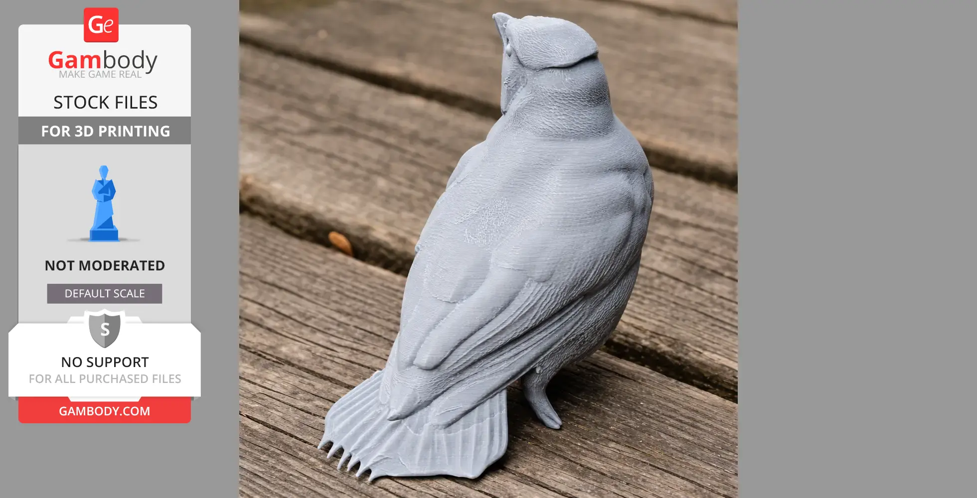 A gray 3D-printed bird model, detailed with textured feathers, sits on a wooden surface.