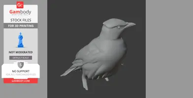 3D model of a bird perched, detailed feathers, designed for 3D printing.