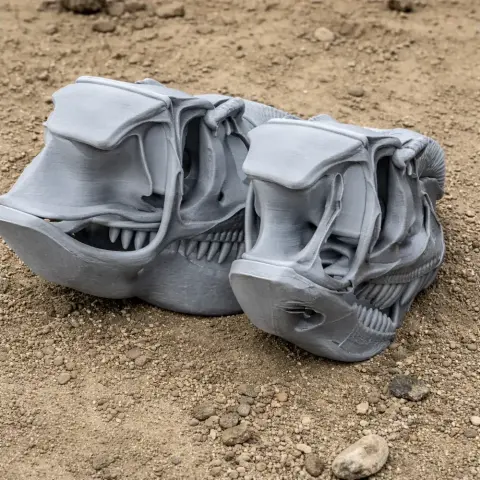 Realistic 3D-printed ctenosauriscid skull replica on a sandy surface.