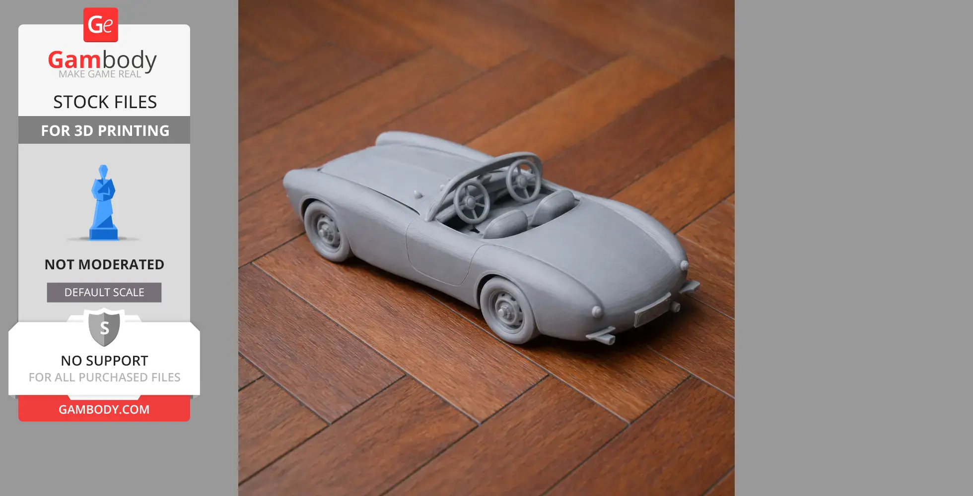 3D printed Bugatti Type 252 model car in gray on a wooden floor.