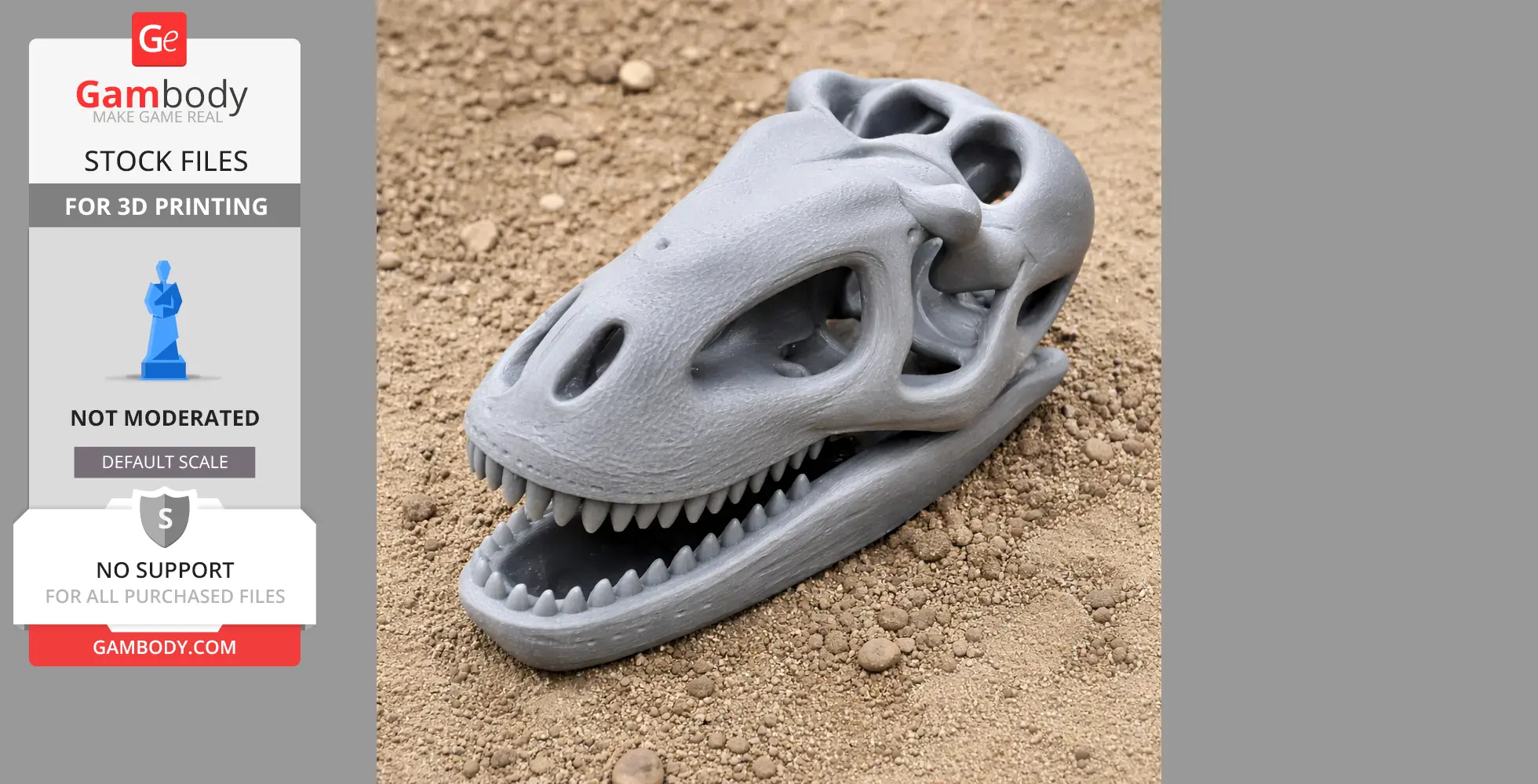 A detailed 3D printed Denversaurus skull replica on a sandy surface.
