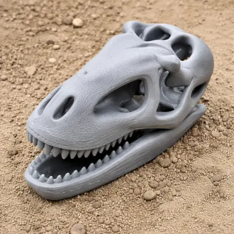 3D printed Denversaurus skull replica on sandy surface.