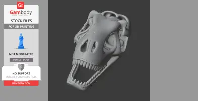 3D model of an open-mouthed dinosaur skull, showcasing detailed teeth and bone structure.