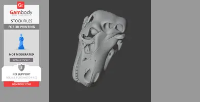 3D model of a Denversaurus skull, detailed with visible eye sockets, nasal openings, and textured surface.