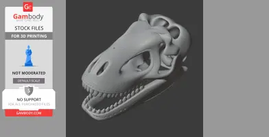 Digital Denversaurus skull model with detailed texture for 3D printing, displayed on a dark background.