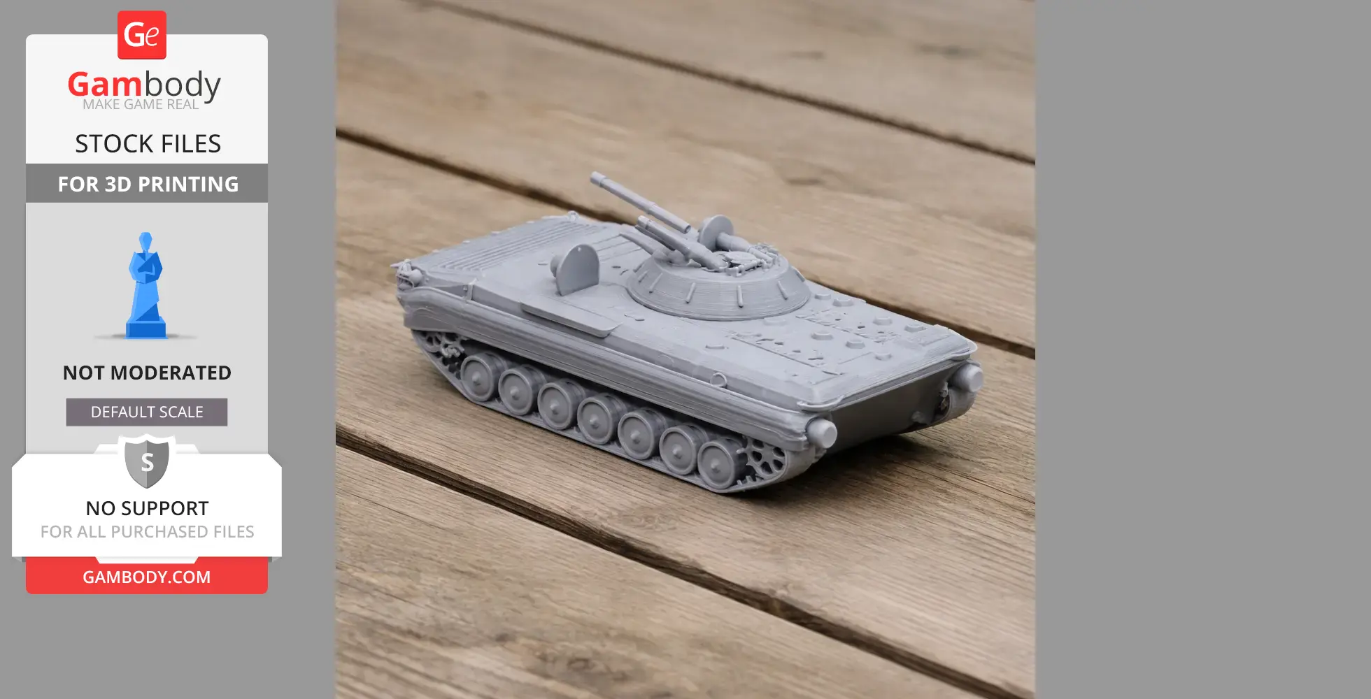 A detailed 3D-printed model of a BMP-1 tank on a wooden surface.