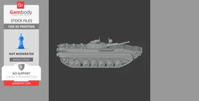 3D model of a BMP-1 tank, side view, showing tracks, turret, and cannon for 3D printing.